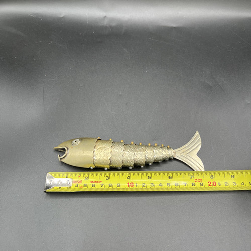 Vintage Silver Tone Articulated Fish Bottle Cap Opener Abalone Eyes - 7.5” Long