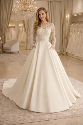 UK Langarm Braut Satin Kleid Perlen Spitze A Linie bescheiden Brautkleider 6-26