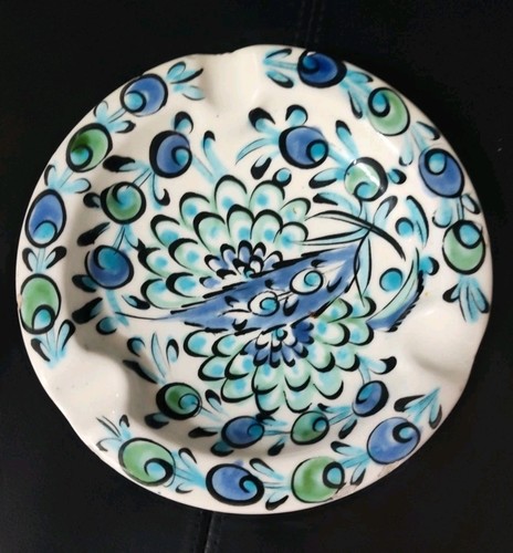 Ikaros Pottery Rhodes Greece 6.25" Blue Feather Leaf Ashtray Hand Painted
