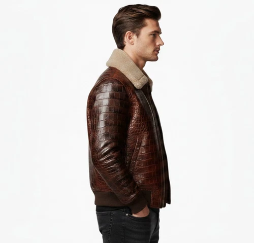 Men,s Real Crocodile Embossed Leather Jacket Shearling Collar Bomber Coat Brown. image 9