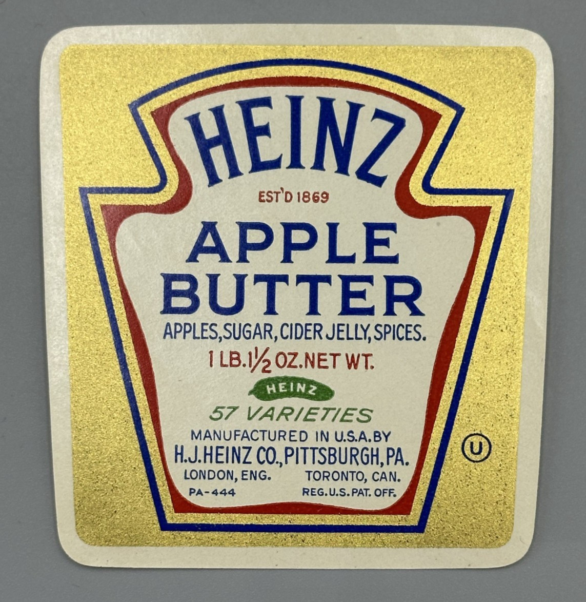 1941 HEINZ Pickle APPLE BUTTER  1 lb 1 1/2 oz Advertising Label Vintage Original