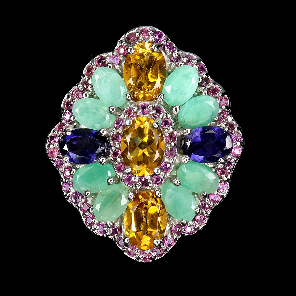 925 Sterling Silver Oval Citrine Amethyst Emerald Gemstone Ring Size 9