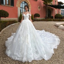 Boat Neck Lace Up Royal Train A-Line Wedding Dress Beading Appliques Bridal Gown