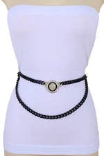 Women Narrow Waistband Fancy Belt Black Metal Chain Black Lion Charm Size XS S M