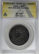 1942 New Zealand 1/2 Crown Coin ANACS XF 45 Details Cleaned W5