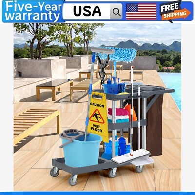 Commercial Janitorial Cleaning Cart on Wheels with Cover Shelves and Vinyl Bag
