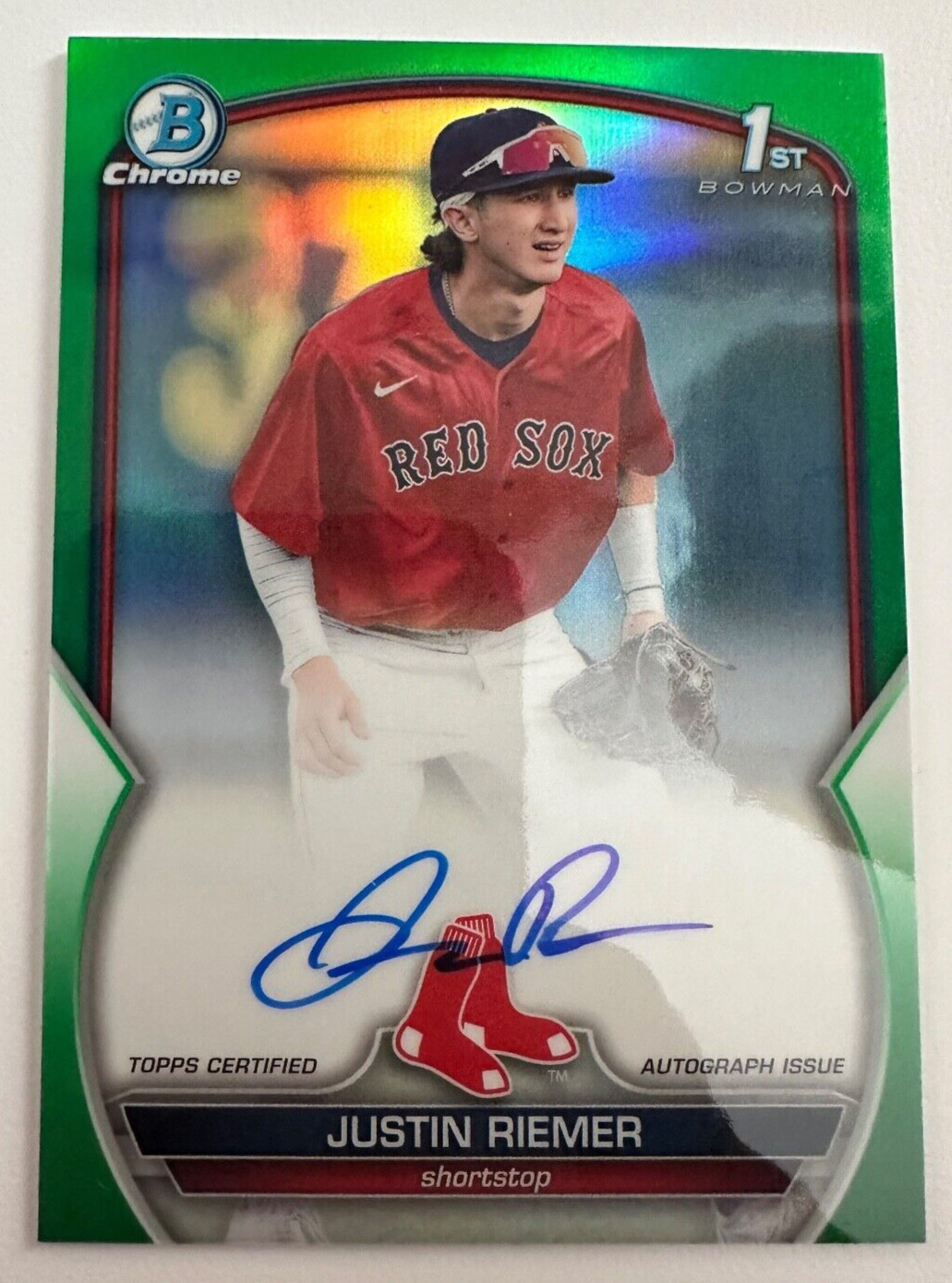 2023 Bowman Draft Chrome Justin Riemer Green Auto /99 Red Sox Bowman 1st Chrome