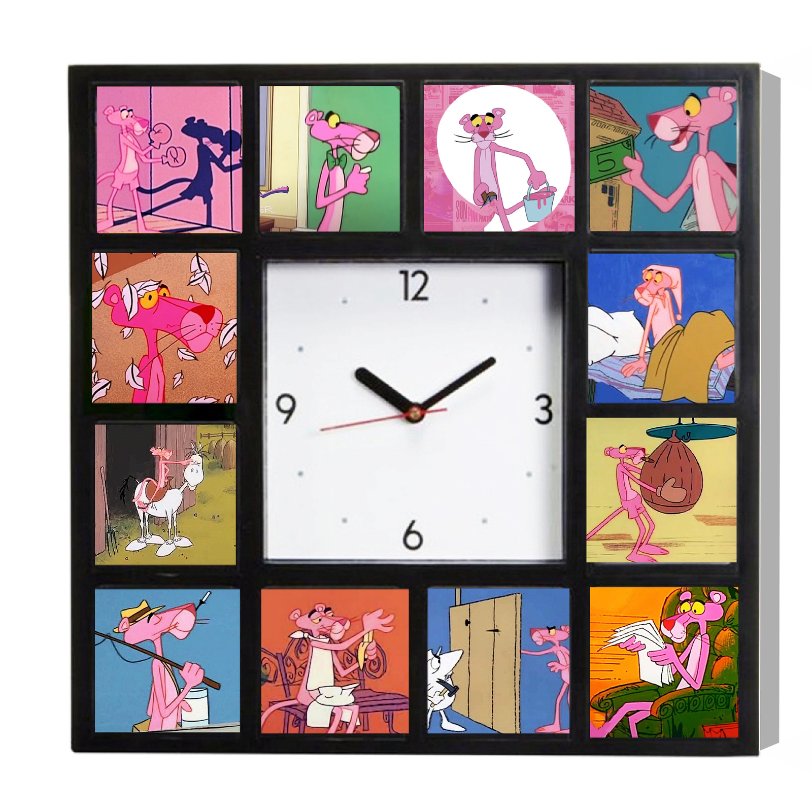 The Pink Panther Cartoon Scenes Clock with 12 pictures