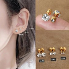 Womens Gold Round CZ Crystal Screw Back Stud Earrings 316L Surgical Steel 2-6mm
