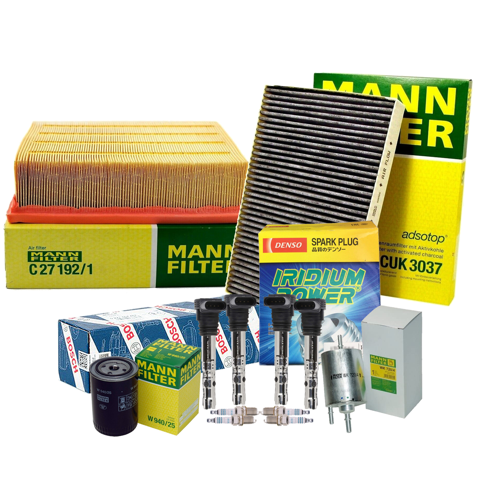 Mann Filters Bosch 4 Coils Denso 4 Iridium Power Spark Plug Tune Up Kit For Audi