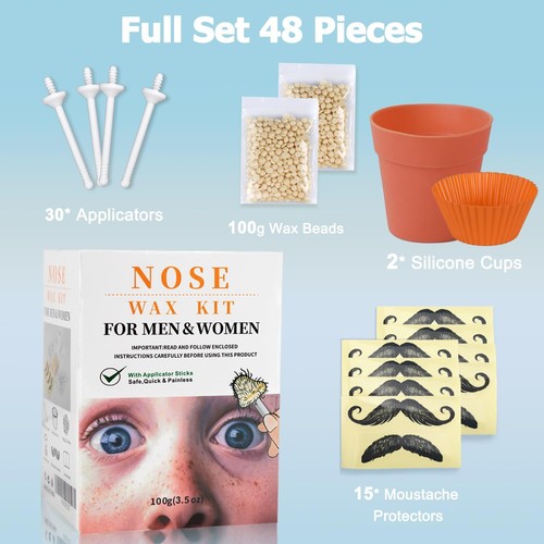 Nose Wax Hair Removal Kit 100g Wax, 30 Applicators for Men 2 Silicone Cups - Picture 7 of 8