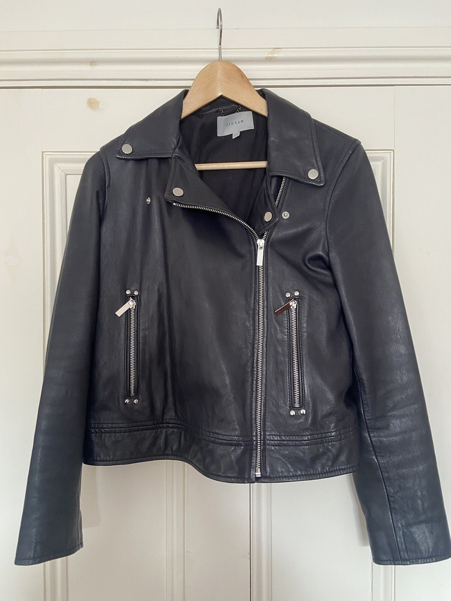 Jigsaw Navy Leather Motorcycle Biker Jacket Butter soft Size 10