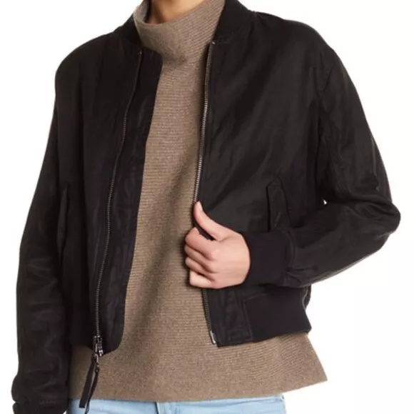 NWT Vince Crop Bomber Linen Blend Black Bomber Jacket Womens Size S 495