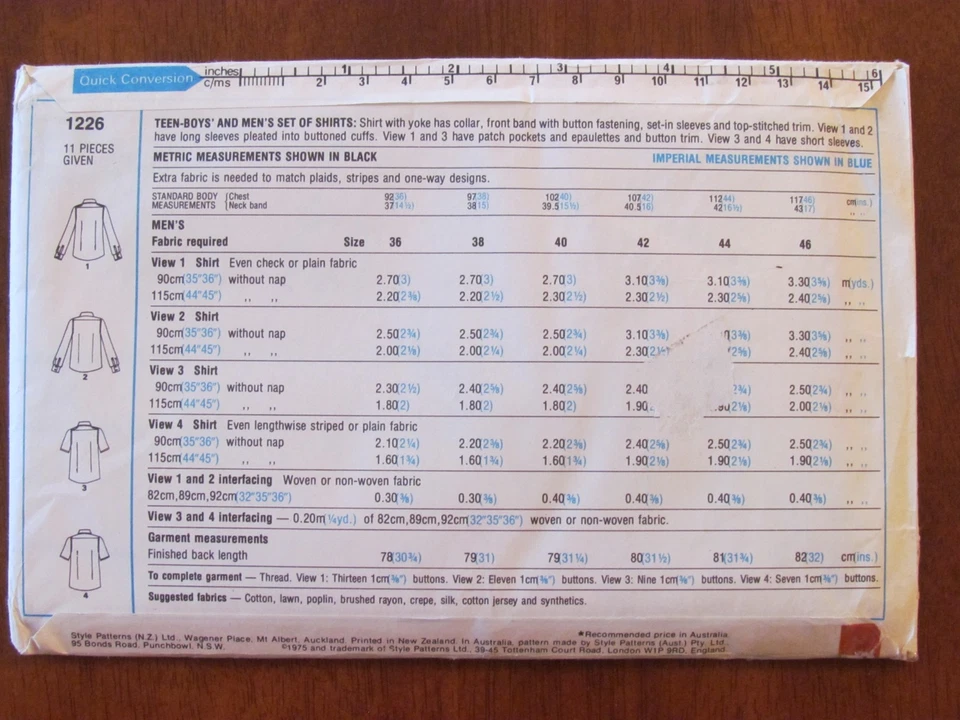 STYLE PATTERN - 1226 MEN'S TEEN BOY'S SHIRT YOKE EPAULETTES SIZE 36" UNCUT - Image 2 of 2