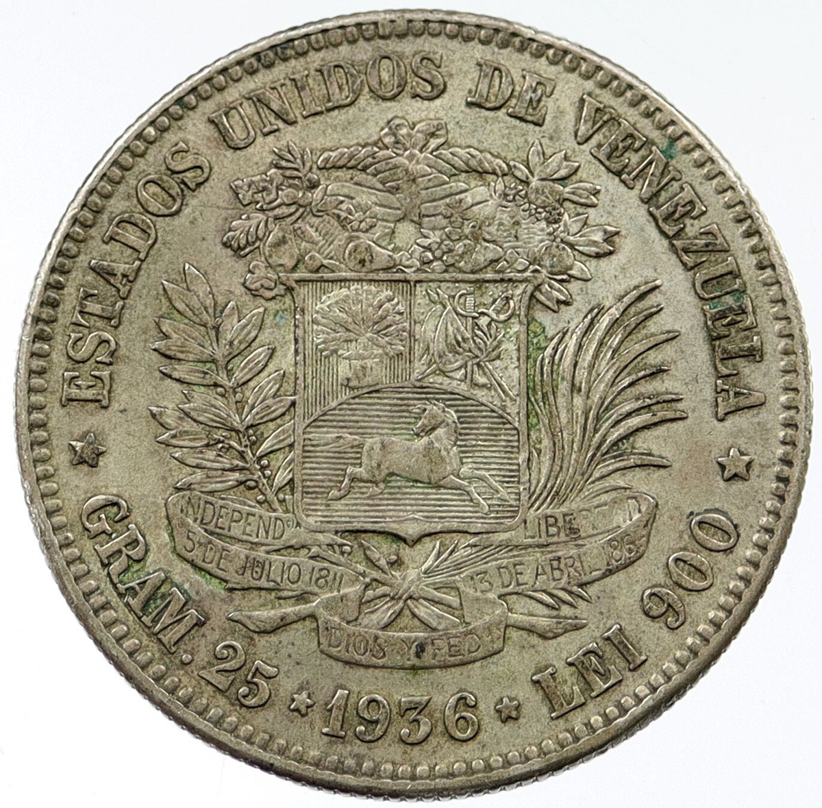 1936 VENEZUELA 5 Bolivar LARGE 0.72oz Antique Silver VENEZUELAN