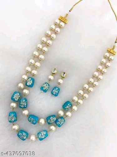 Elegant Golden Beads Kundan Long Necklace Indian Jewelry Beautiful Pearl - Picture 4 of 5