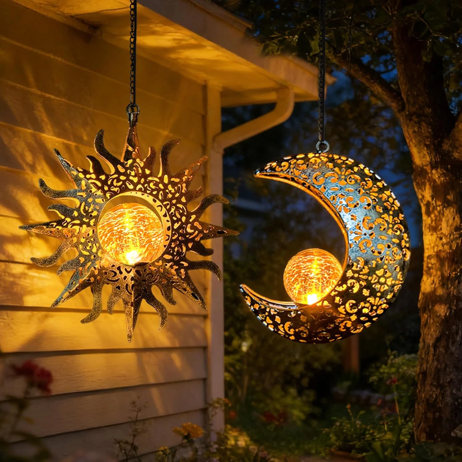 Solar Hanging Sun and Moon Lights Garden outside Decor,2 Pack Metal Lanterns Out