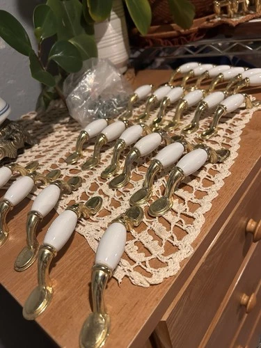 Twenty Three (23) Ceramic and Brass Drawer Pulls Cabinet Handles Some Hardware