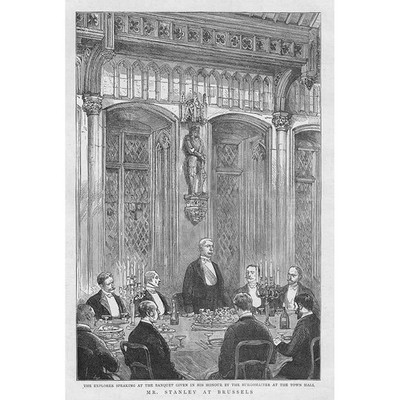 Henry Stanley spricht bei einem Bankett in Brüssel - antiker Druck 1890