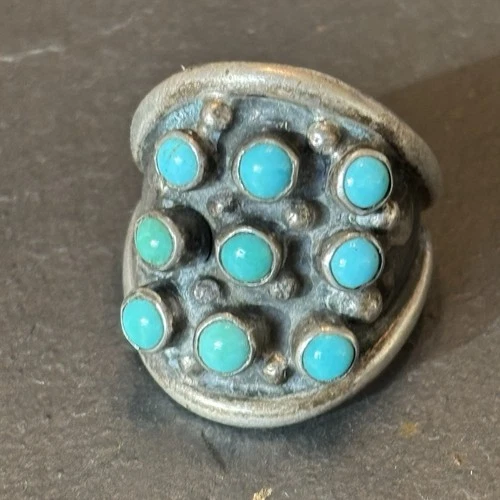 Zuni Vintage Sterling Silver Petit Point Snakeye Turquoise Saddle Ring Size 7
