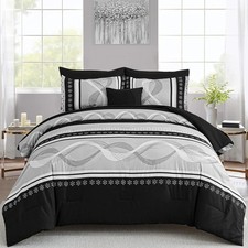 Black Comforter Set Queen Size,8 Pieces Boho Bed in a Bag Patchwork Striped