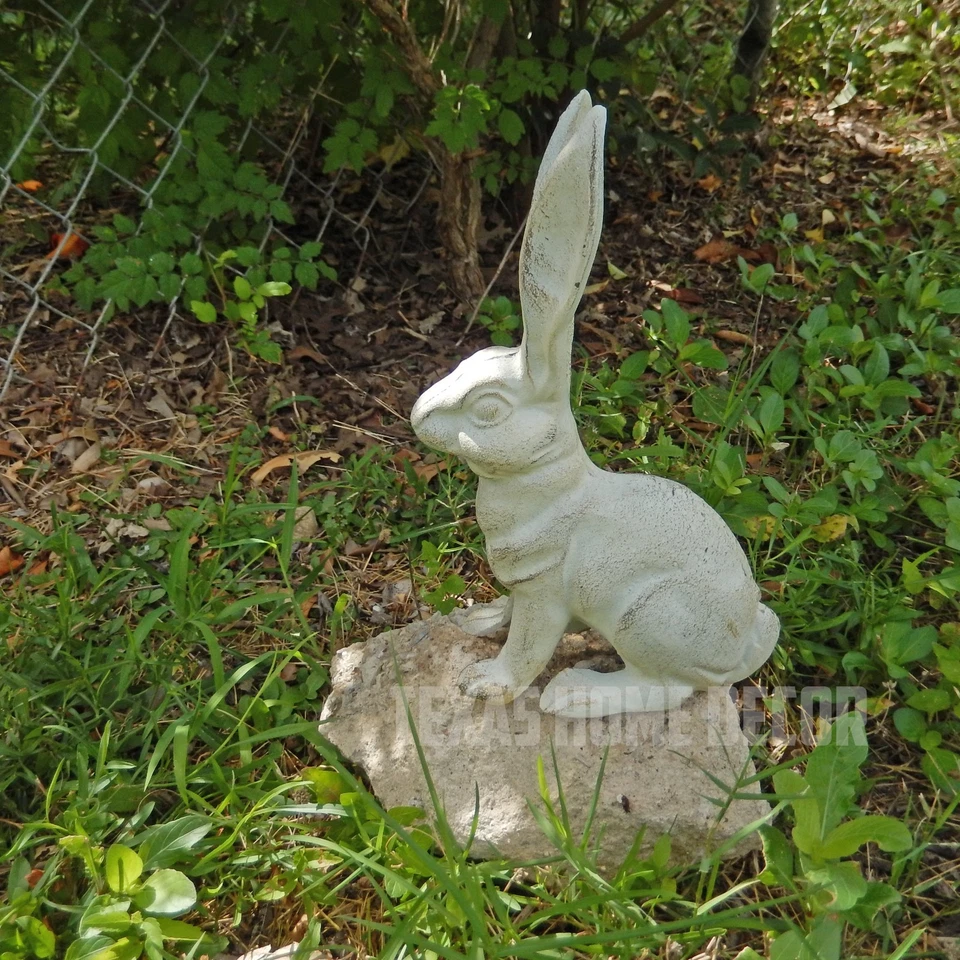 Estatuilla de conejo grande estatua de jardín de hierro fundido de alta resistencia blanca antigua 10,5 pulgadas Foto 3 de 4