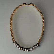 Vintage Black Enamel Chunky Necklace Gold Tone Rhinestone Statement Choker 17”