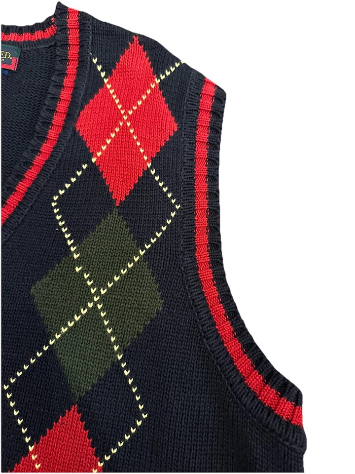 Saddlebred Sweater Vest Mens Medium Navy Burgundy Argyle Cotton Button Up - Image 2 of 4