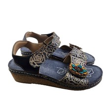 L'Artiste Spring Step Cuteness Navy Leather Floral Wedge Sandals EU 40 US 9