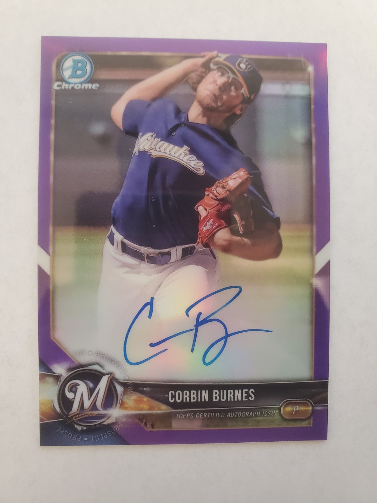 2018 Bowman Chrome Corbin Burnes Purple Refractor Prospect Auto #161/250 Brewers