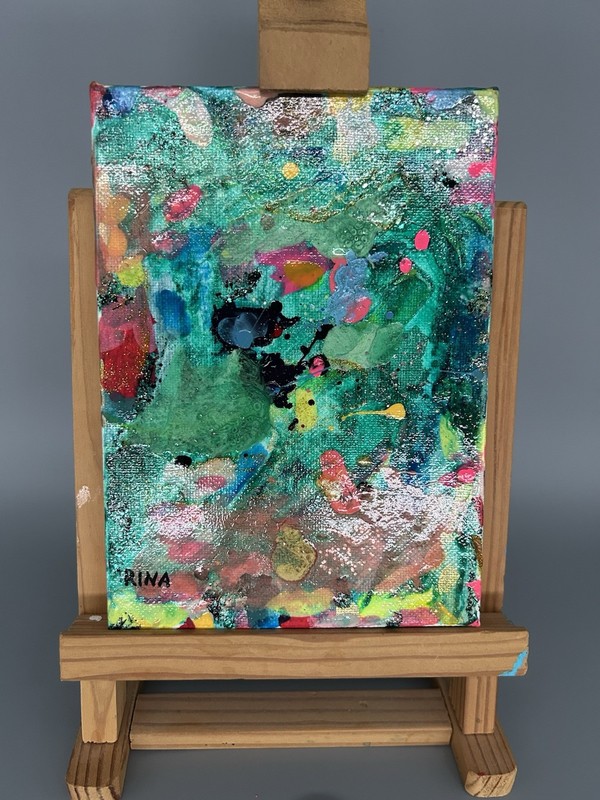 Small 7”x5” Green Original Abstract Painting 4 Collision series by Miss Rina