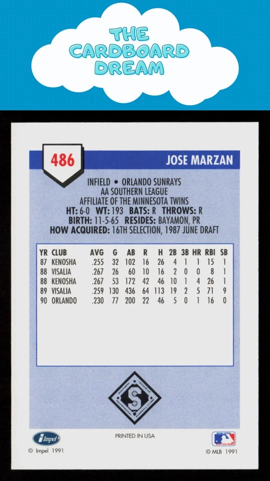 Jose Marzan 1991 Line Drive AA #486 Orlando Sun Rays Baseball Card - Image 2 of 2