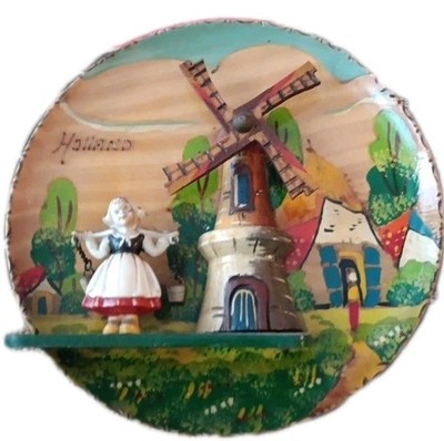 Vintage Wood Dutch 3D Folk Art Plate Windmill & Girl tulips for Amsterdam 