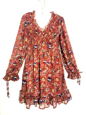 Woman Small Floral Ruffle Mini Dress Smocked Chiffon Cottage Core Boho Hippie