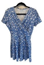 MSBASIC Womens Blue White Floral Faux Wrap Dress Size M Casual Short Sleeve