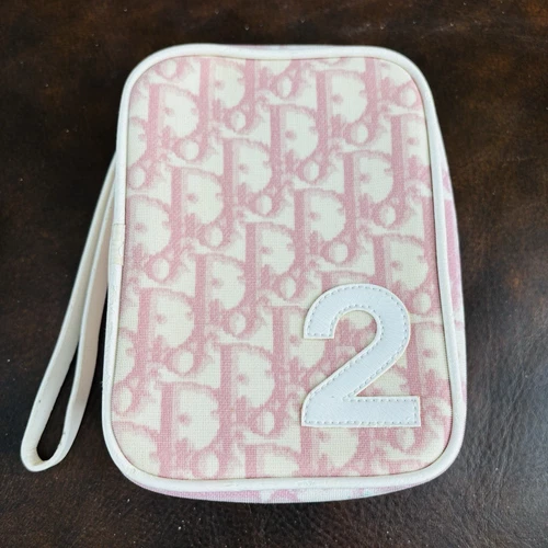 Pochette/sac/pochette Christian Dior Trotter toile cuir rose/blanc