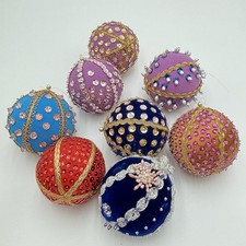 Lot x8 vintage push pin Christmas Ornaments Beads Sequins Purple Red Blue Velvet