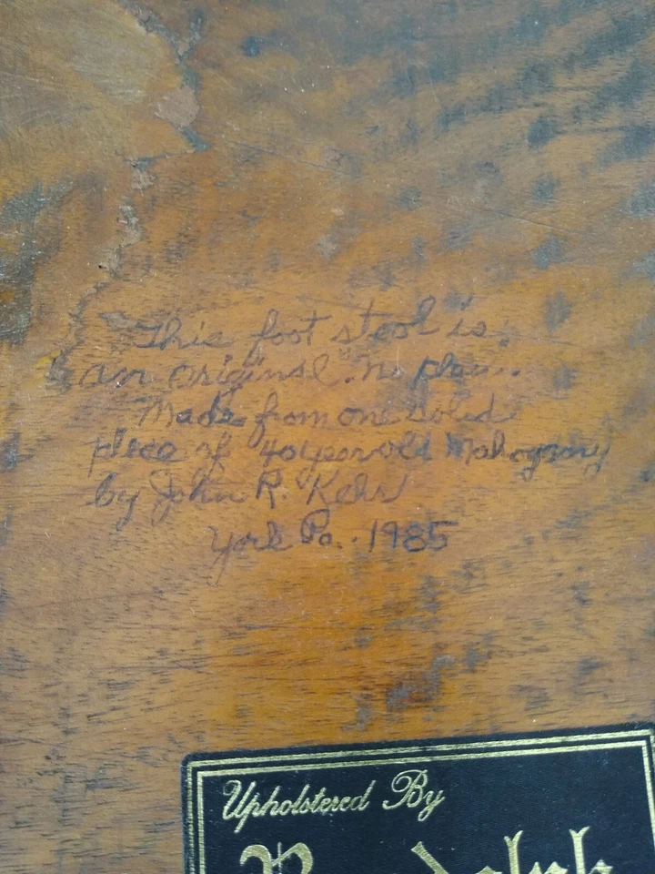 Via-F.Dex.  Rustic Vintage Handcrafted SIGNED Mahogany Upholstered Ottoman. Kehr - Image 3 of 4