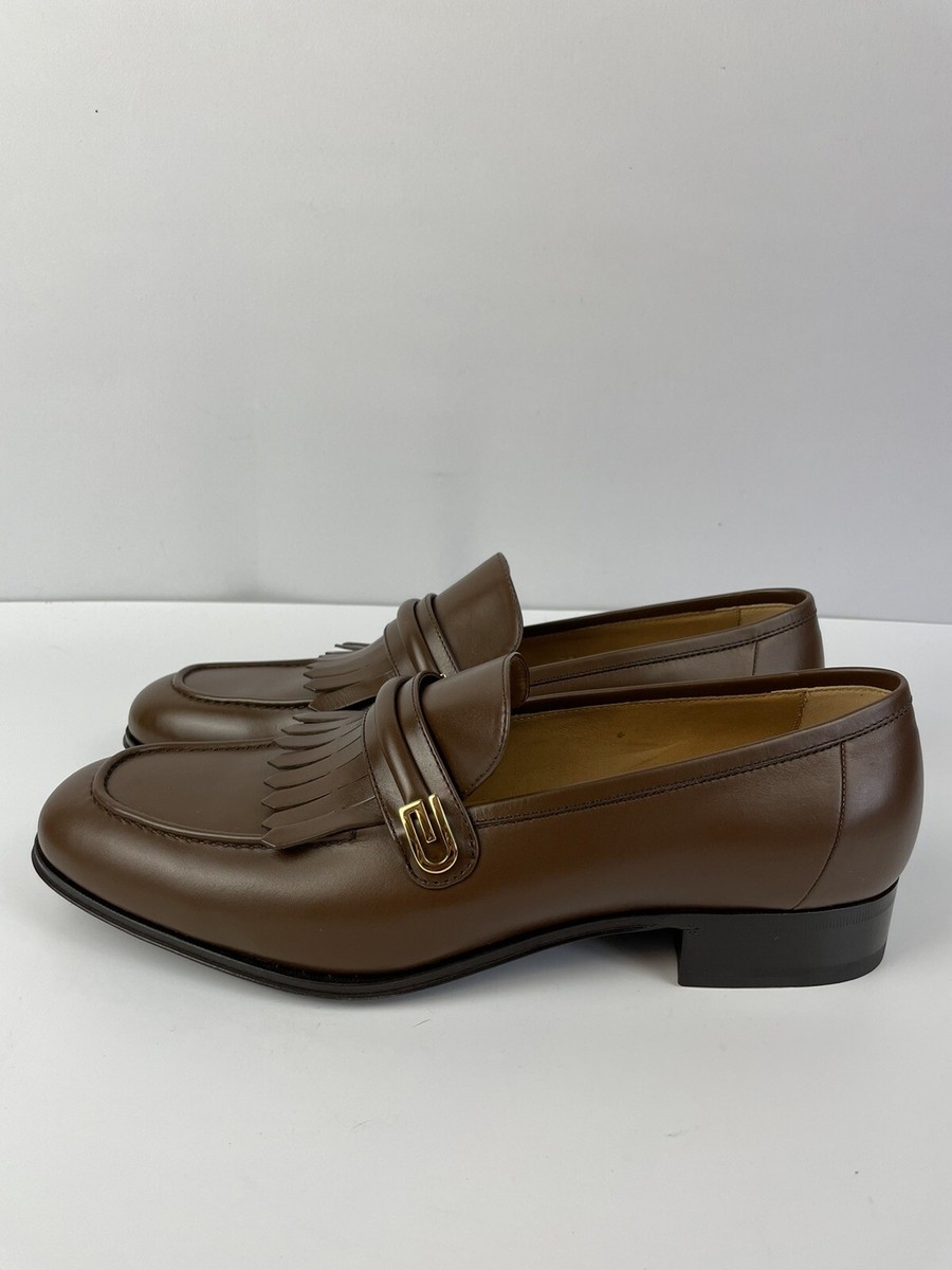 GUCCI 714680 Mirrored G Gold Kiltie Loafer Brown Leather Mens Size