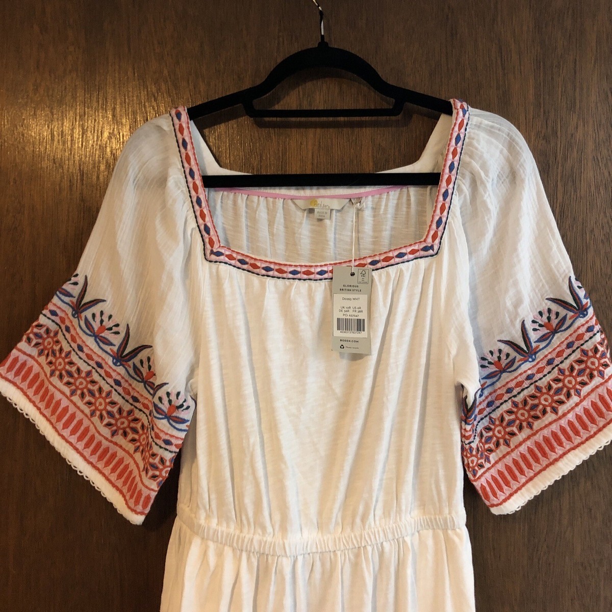 boden womens jersey embroidered midi dress white cotton size us 6 boho Nwt