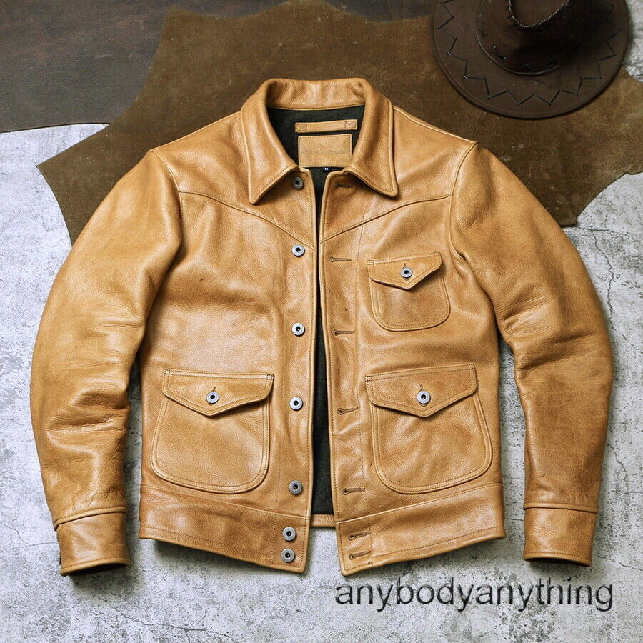 Mens American Casual Vintage Style Jacket Veg-Tanned Waxed Cowhide