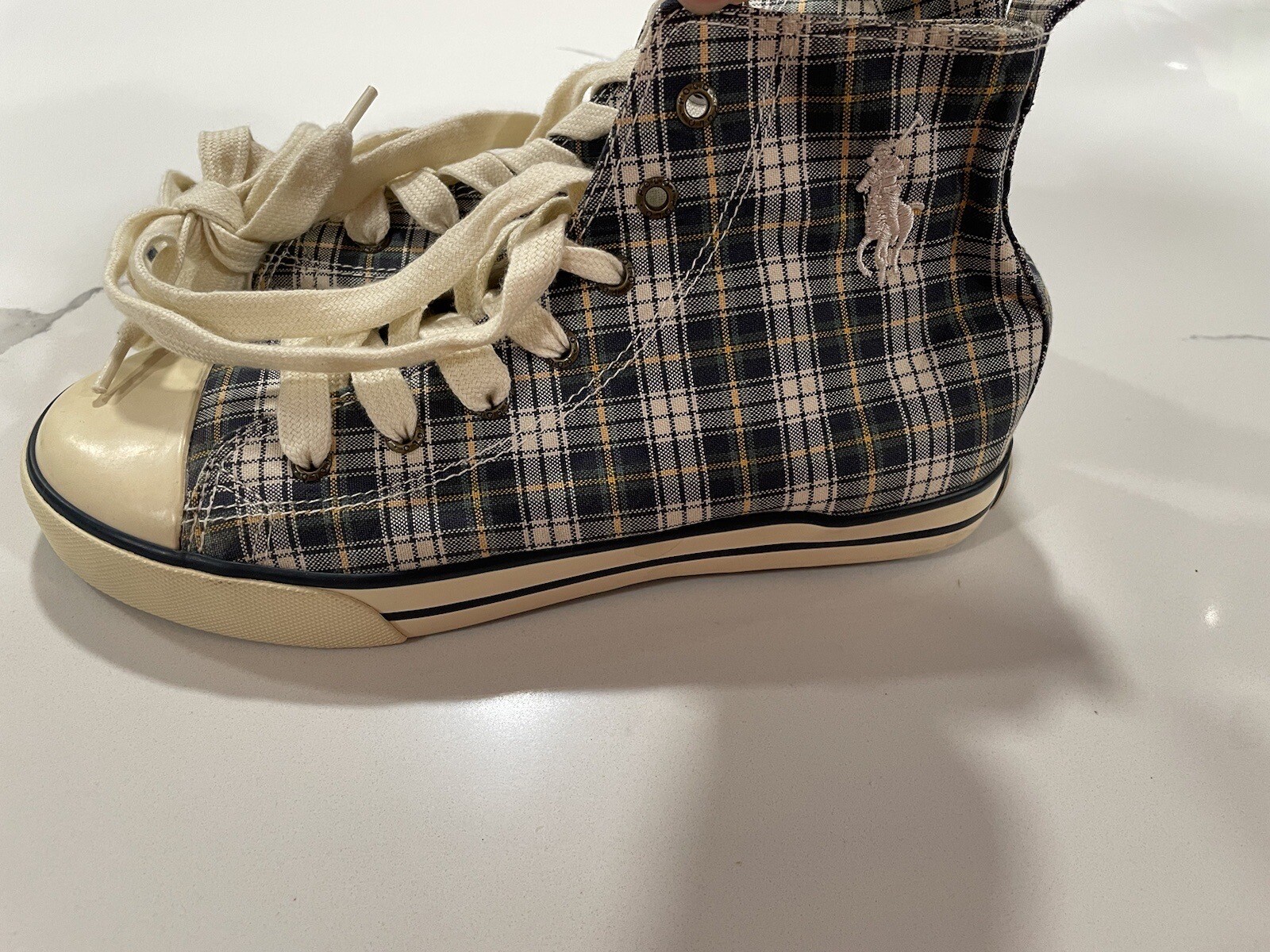 PONY Scarpe sneakers alte stringate Polo Ralph Lauren uomo tela a quadri taglia 5 SHD