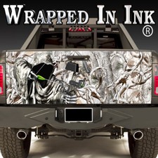 Vinyl Tailgate Wrap Grim Reaper Bow Hunter In Obliteration Snowy Buck Skull Camo