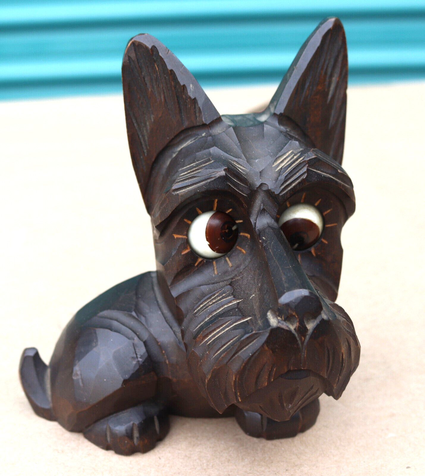 Vintage Oswald Scottie Terrier Schnauzer Dog Moving Eye Clock Carved Wood German