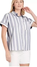 Universal Thread Women's Size M Short Sleeve Button Down Shirt Gray Stripe NEW