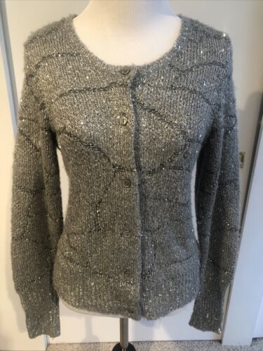EUC!! Simply Vera Wang Grey Silver Sequin Bling Cardigan Sweater Women’s Size PM - Picture 1 of 8