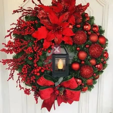 hristmas Decoration Golden Wreath With Lamp For Front Door Red Ball Flower Garla