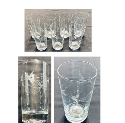 Vintage MCM Etched Glass Tumblers Clear 12 oz. BLOWING DANDELION Flower 7-Pc Set
