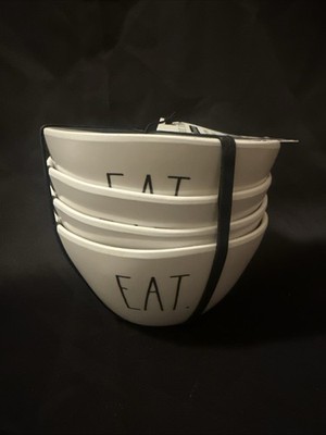 Set of 4 Rae Dunn ''EAT'' Bowls, Melamine, NEW, White & Black