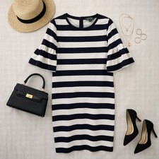 Lauren Ralph Lauren Navy Blue Stripe Stretchy Nautical S Sleeve Shift Dress. Med